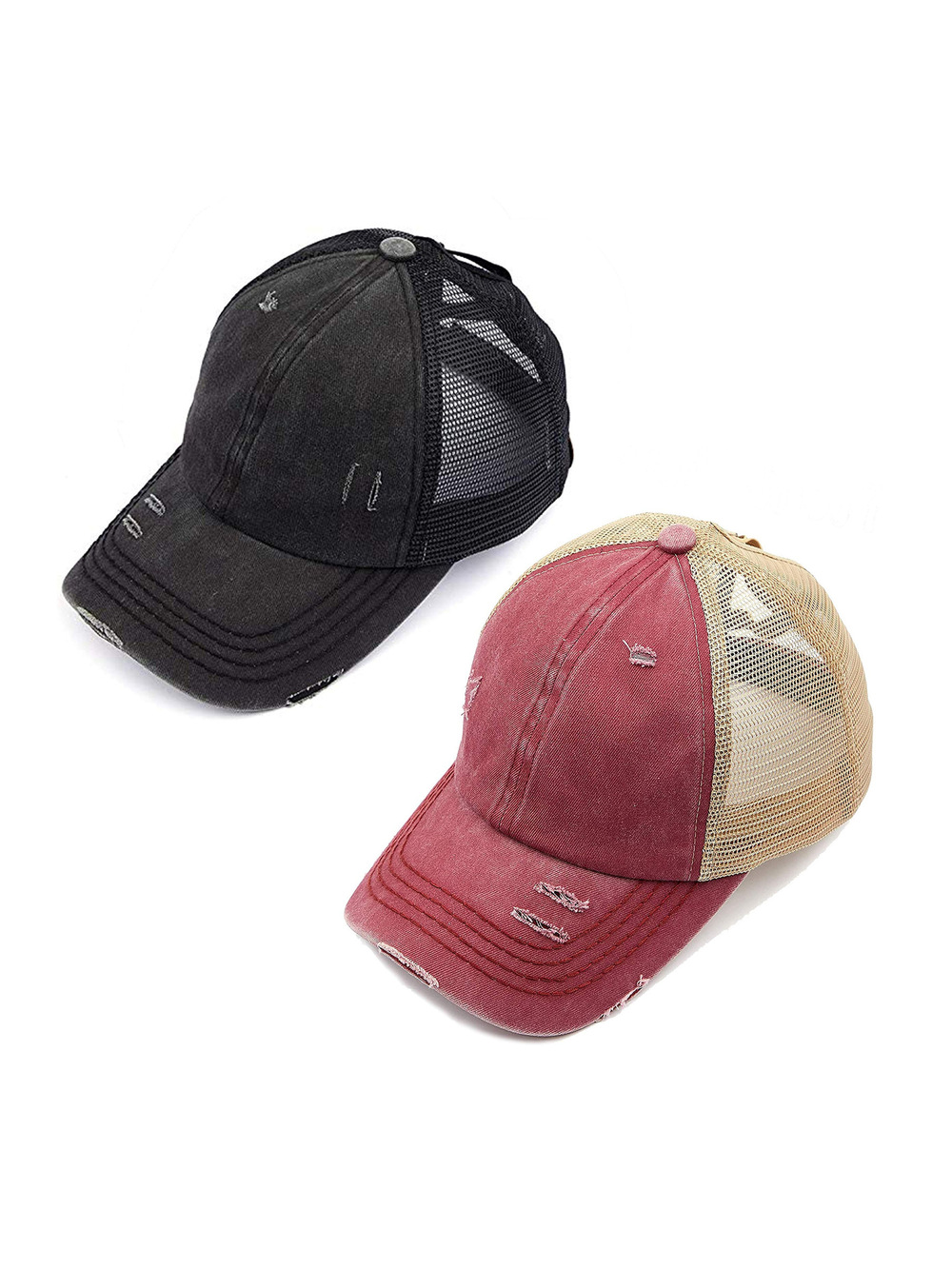 Criss Cross Ponytail Cap, Messy Bun | 2 Packs, Black, Burgundy | Size OS